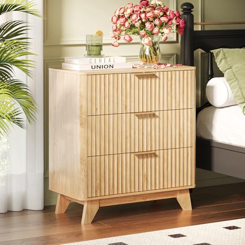Image of Bonnlo 3 Drawers Chest of Drawers, Oak Grille Bedroom Furniture, Fluted Storage Cabinet with Gold Handles,Wood Storage Cabinet for Bedroom,Living Room,Modern Dresser Organizer 70×35×75cm