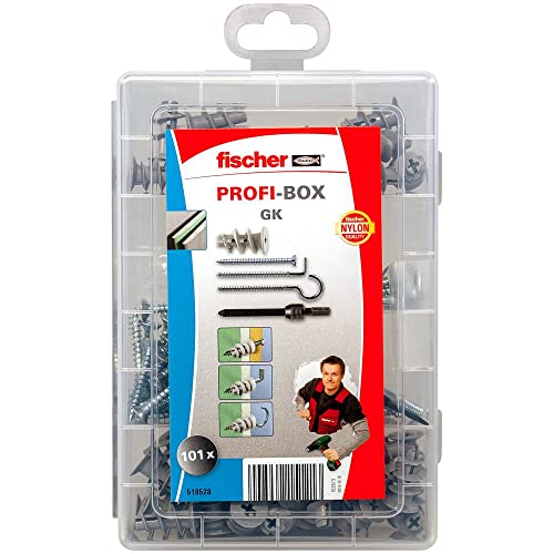 fischer Profi-Box mit Gipskartondübeln + Schrauben + Haken, Gipskartondübel-Set mit 100 Teilen und Setzwerkzeug, speziell für Gipskarton, praktische Dübelkiste für Heimwerker & Profis