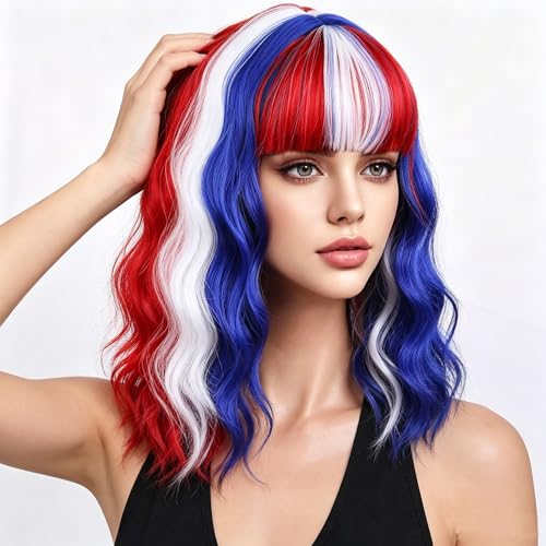 Image of Pastel Patriotic Wavy Bob Wig for Women, Short Shoulder Length Synthetic Wig with Bangs, Matte Natural Realistic Look Lightweight Hairpiece, Patriotic Color for Gift & Cosplay Costume
