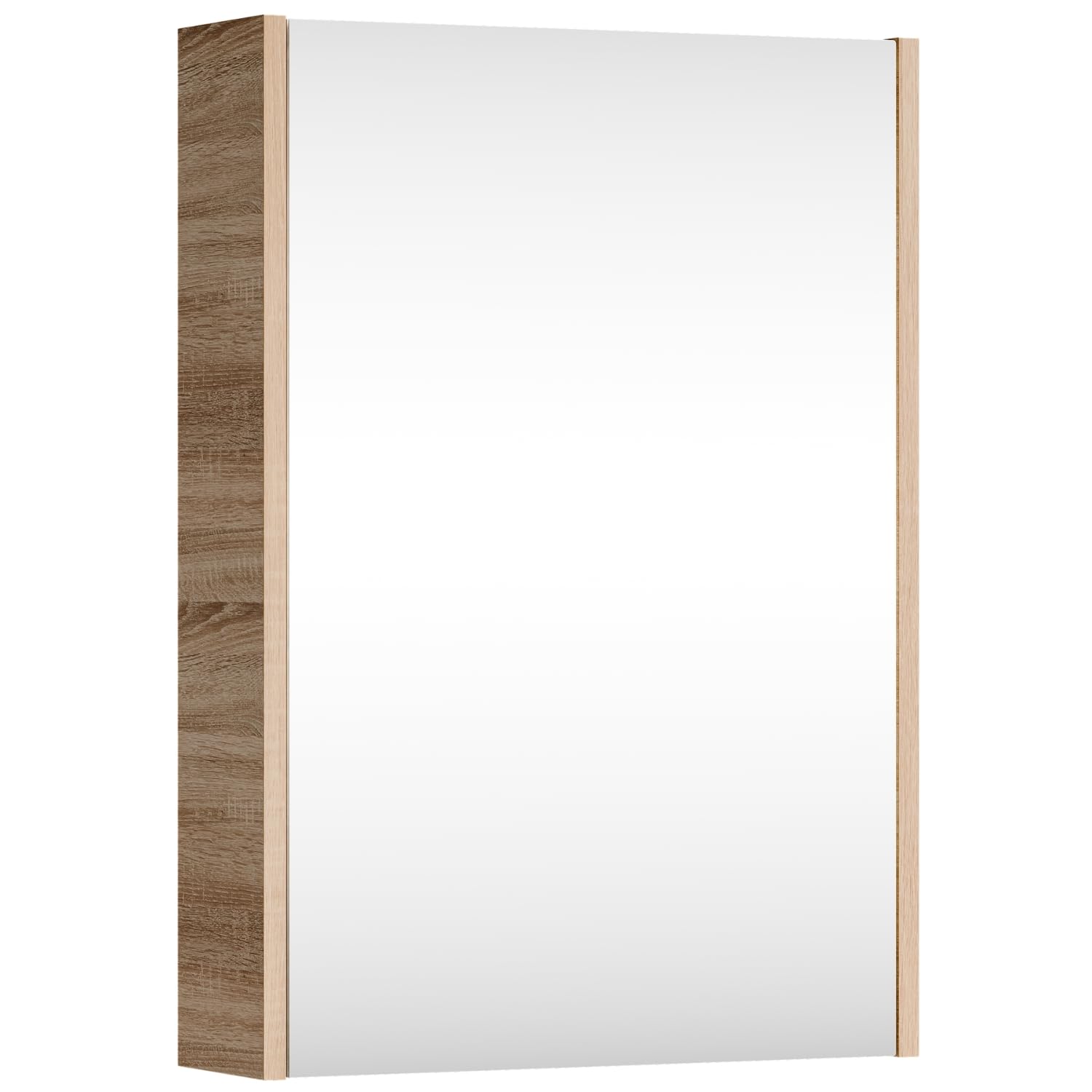 Planetmöbel Szafka łazienkowa z lustrem 50 cm, Meble łazienkowe, Szafka z drzwiami i 2 półkami szklanymi, 47,6 x 67,6 x 13,8 cm, dąb Sonoma