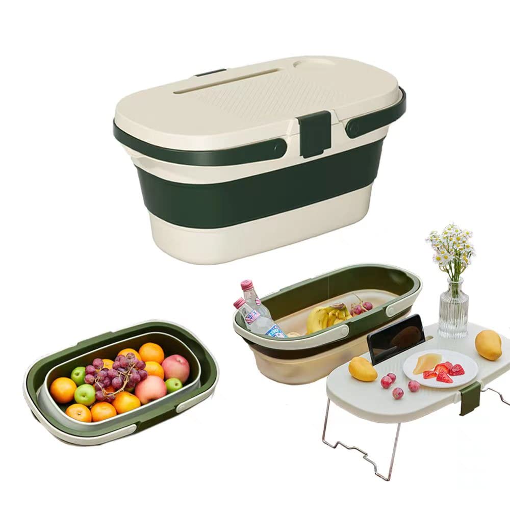 Picnic Basket Camping Outdoor Collapsible Picnic Tableware Basket with Lid Table Plastic Storage Bins Portable Foldable Storage Basket 25L Large Capacity Car Trunk Organizer (Light Coffee Dark Areen)