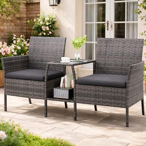 UDPATIO Gartenbank Wetterfest 2-Sitzer mit Integriertem Tisch, Polyrattan Sitzbank mit Stauraum, BalkonBank Sitzgruppe Outdoor Gatten, Grau