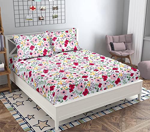 Image of Elastic Fitted Glace Cotton Single Bedsheet with One Pillow Covers (for 4-6 Inches Mattress) (Pink on White)