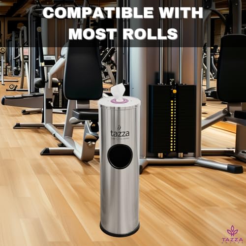 Image of Tazza Gym Equipment Wipe Dispenser with Stainless Steel Floor Stand, Built-in Trash Can, Fitness Equipment Wipes Holder, 1.5 Gallon, Silver
