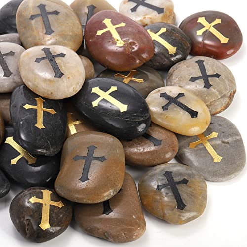Jucoan 30 Pack Cross Engraved Stones, Polished River Pebble Inspirational Rocks, Prayer Faith Stones, Encouragement Rocks, Cross Religious Gifts for Wedding Easter Christmas, 2-3 Inch