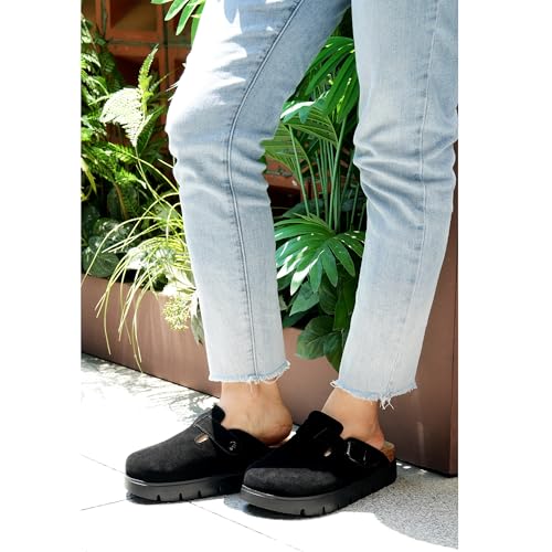 Image of Women's Suede Platform Clogs Leather Mules Slip On Indoor Outdoor Shoes | Arch Support, Cork Footbed, Adjustable Buckle,Water Resistant Upper,All Day Comfort