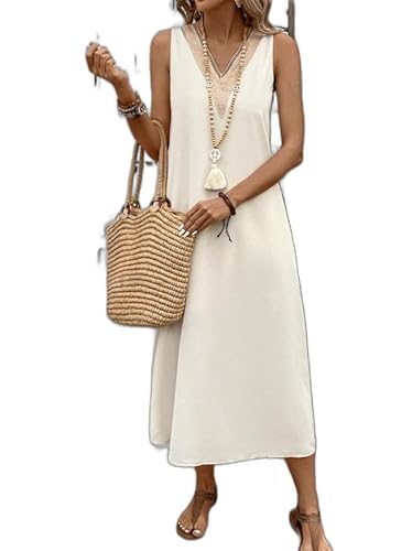 Women Summer V-Neck Long Dresses Loose Fit Sleeveless Tank Maxi Dress Beach Fashion Calf-Length Sundress Apricot