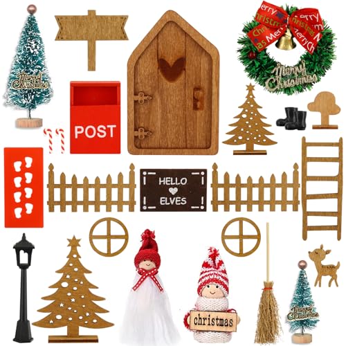 Juego de Accesorios para Puerta de Navidad 26 Pcs,con Buzón Botas Arbol de Navidad Valla,Decoración Puerta Madera,Miniatura Casa de Muñecas Navidad,Decoración de Navidad,Regalo DIY para Niños
