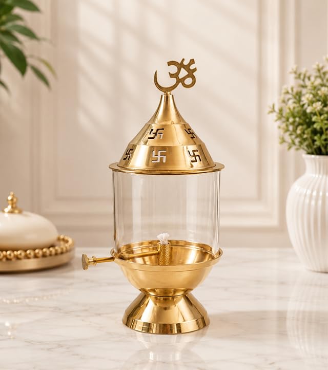 Best Brass Diyas: Brass vs Clay & Puja Essentials 27 Pure Brass Akhand Diya with Glass Cover – Om & Swastika Design Oi...
