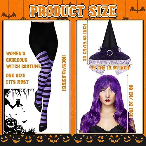 Jenpen XE-JENPEN-1717 3 Pcs Halloween Witch Costume Sets Vintage Witch Hat Purple Curly Synthetic Hair Horizontal Striped Tights Halloween Wig thumb #2