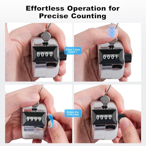 Image of Clicker Counter, Metal Hand Tally Counter Clicker with 4 Digit Display, Pitch Counter for Golf Stroke, Baseball, Coaching, Knitting, Lap, Row Sport, Silver