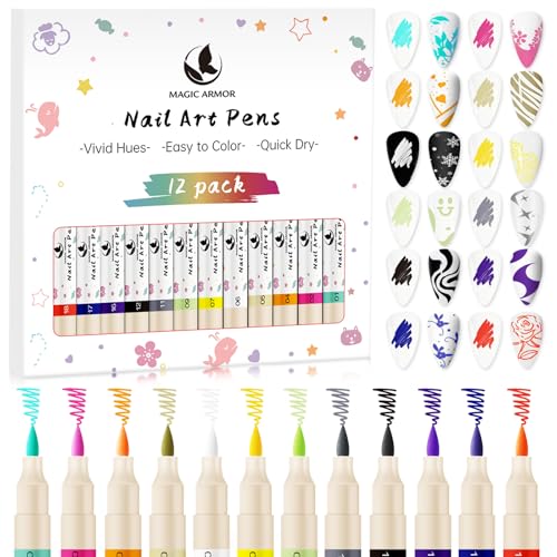 Lot de 12 stylos de nail art couleurs - Marqueurs graffiti et de peinture pour la conception des ongles, outils de manucure, liner et stylo à pointer - Stylos de...