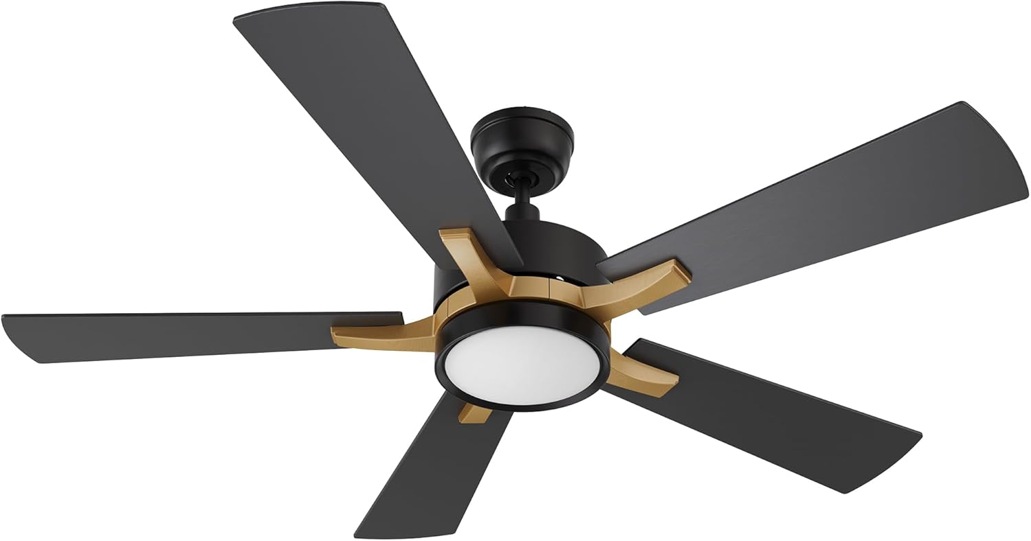 CEME 52-Inch Ceiling Fan with Light and Remote, 10 Speeds Reversible DC Motor Outdoor Ceiling Fan, 3 Light Colors Dimmable Black, Compatible with Alexa, Siri & Google Home, Black Gold