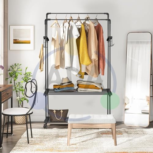 Image of ADA Premium Heavy Duty Metal Garment Rack on Wheels, Dual Layer Clothes Hanging Rail with 10 Side Hooks, 2 Lower Storage Shelves, Clothing Organizer Stand for Bedroom, Laundry Room & Home - Black