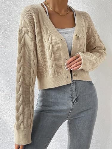 Women's Long Sleeve Button V Neck Soft Knit Cardigan Sweaters Cropped Cardigan Sweaters for Women Cute Cable Knit Outerwear2