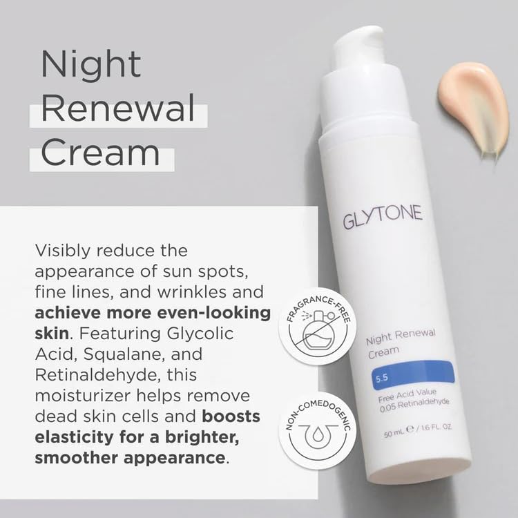 Glytone Night Cream | Improve Skin Elasticity with 5.5 FAV Glycolic Acid & Retinaldehyde | Fragrance Free Face Moisturizer for Women | 1.6 oz