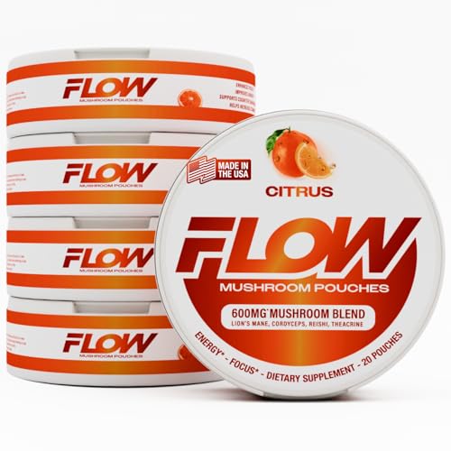 Flow Pouches Mushroom Nootropic Pouches 600mg Lions Mane Reishi Cordyceps Energy Pouches for Focus and Clean Energy Caffeine Free Sugar Free Nicotine Free Now Made in USA (5 Cans Citrus)