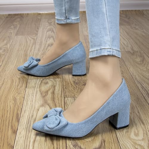 Women's Comfortable Low Block Denim Pumps with Bow 2.3 Inch Closed Pointed Toe Slip On Heels Ladies Casual Party Office Daily Dressy Cute Pump Shoes3