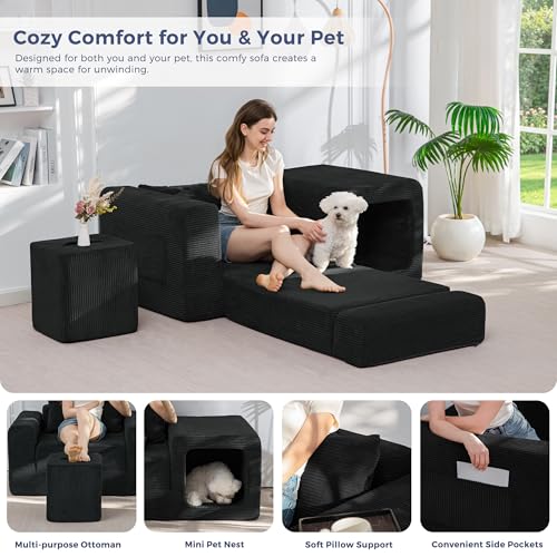 Image of MAXYOYO Folding Sofa Couch, Convertible Floor Sofa with Armrest, Multifunctional Sofa with Pillow and Pockets, Boneless Couch for Living Room, Black