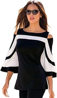 Women Blouses and Tops Black White Colorblock Bell Sleeve Cold Shoulder Top Shirt