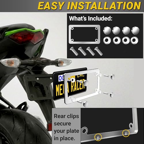 Image of Premium Motorcycle Mirror Chrome License Plate Frame, Rust-Free Stainless Steel, Rattle-Free Thin Metal & Street Legal, Universal Fit Tag Holder for Harley Davidson Bike Scooter, Porta Placa Para Moto