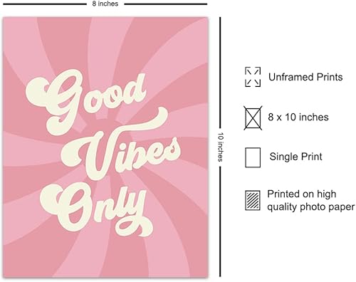 Miniatura 2 de Yellowbird Art & Design Good Vibes Only Wall Art - Good Vibes Sign - Hippie Trippy Home Decor - Pink 60's Retro style Wall Art Poster - Happy Quotes