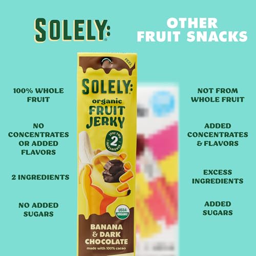 Image of SOLELY - Organic Banana Chocolate Drizzled Fruit Jerky - 1 Individually Wrapped Fruit Strip - Fruit Leather Made from Dried Fruit - Healthy Snacks for Adults & Kids - Vegan, Non GMO - 0.8oz (23g)