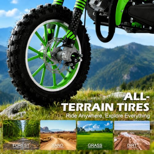 Image of 50cc Dirt Bike, 2 Stroke Gas Mini Bike for Kids 8-14 with Front Rear Disc Brakes, 10 Inch Off-Road Tires, Shock Absorption, Seat Height 23.6in, Max Speed 40mph, 2026 Upgraded,Green