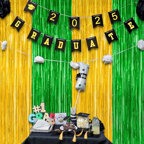 Image of ZATAYE 2 Pack Green Gold Christmas St Patricks Foil Curtain Decorations | Green Gold, Metallic Foil, 3.28 x 7.05 FT, Tinsel Backdrop, Foil Curtain Streamer, Christmas St Patricks Party