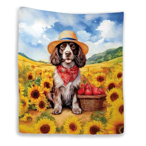 Ninety3POD Vintage Boykin Spaniel Says Hello Mother's Day Summer Sunflower Field Quilt Blanket Dog Lover Cozy Comforter Throw Blanket 12005