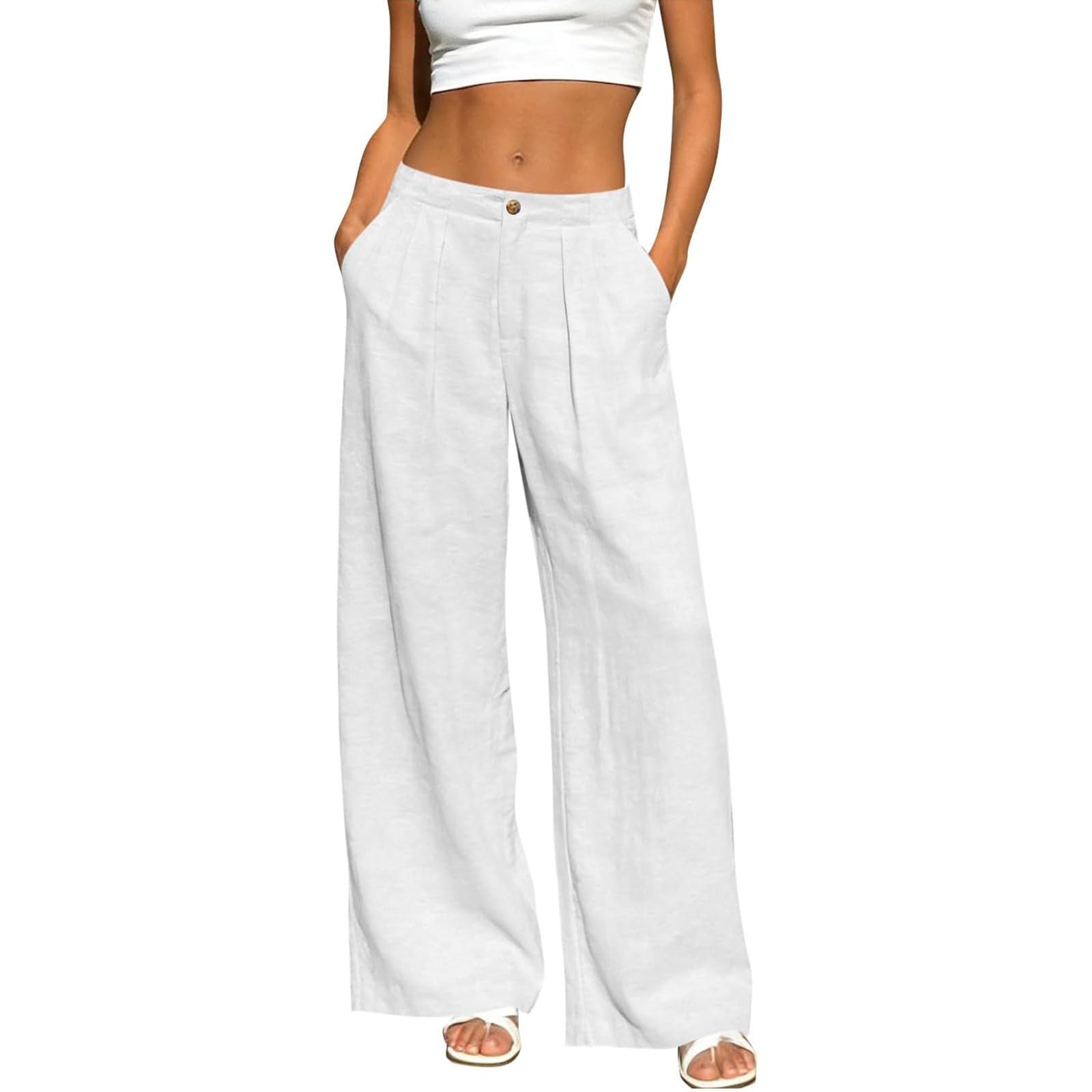 Leinenhose Damen Business Sommer Palazzo Hose - Bequem Elegant Große Größen Freizeithose Yogahose Casual Einfarbig Strandhose Weite Bein Sommerhose Lockere Stoffhose