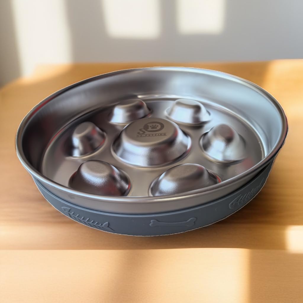 2-4 Cup Slow Feeder Cat Dog 304 Stainless Steel,Metal Food Bowl for Big Medium Small Breed Pet with Non-Slip Mat