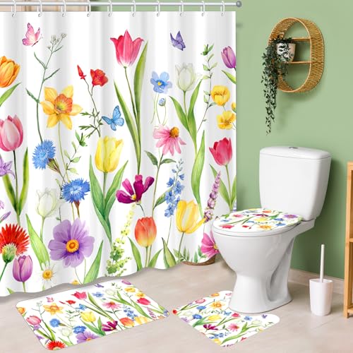 Tiamon 4 Pcs Flowers Curtain Sets Flowers Bathroom Set Include 71x72in Wildflower Butterfly Shower Curtain with Hooks Non-Slip Bath Rug Toilet Mat Toilet Lid Cover for Bathroom Decor Supplies