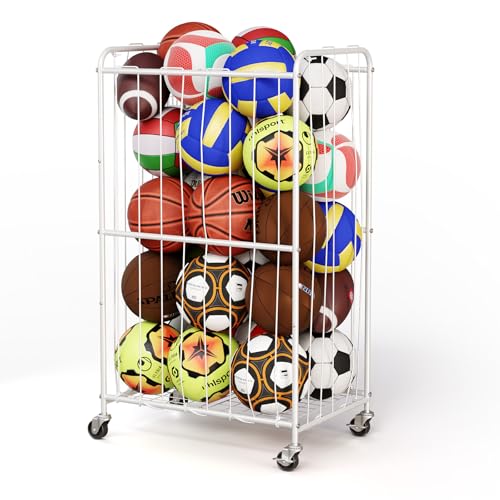 YKDIRECT 210L Rolling Ball Organizer with Locking Wheels - Large Sports Storage Basket for Basketball Soccer Football Volleyball, Steel Garage Equipment Cart with Elastic Rope for Household Storage