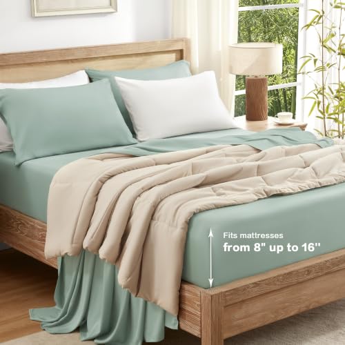 Image of Andency Sateen Sheets Set, 100% Viscose Derived from Bamboo, Hotel Luxury Silky & Cooling for Hot Sleepers, Deep Pocket Up to 16 inch, Sateen Green King