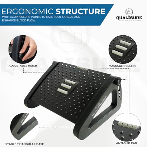 Image of Foot Rest Under Table, Adjustable Height Ergonomic Footrest for Office Desk with Massage Rollers, Acupressure Points & Anti-Slip Pad, Footrest for Office Table, Leg Rest Under Desk, Foot Stool for Home, Foot Stand, Stable Triangular Base