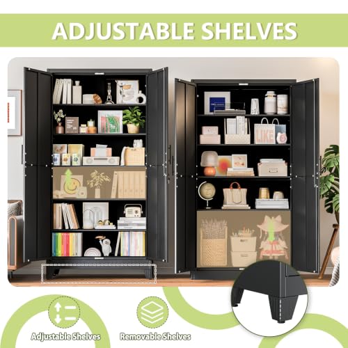 Image of Black Kitchen Pantry Cabinets, 79 Metal Lockable Storage for Office