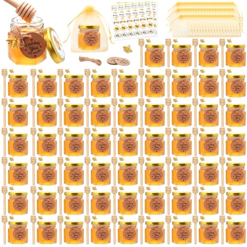 XING-RUIYANG 1.5 oz Mini Honey Jars，60 pack baby shower favors,There's honey sticks, bee pendants, stickers and gold goodie bags，Suitable for wedding party gifts