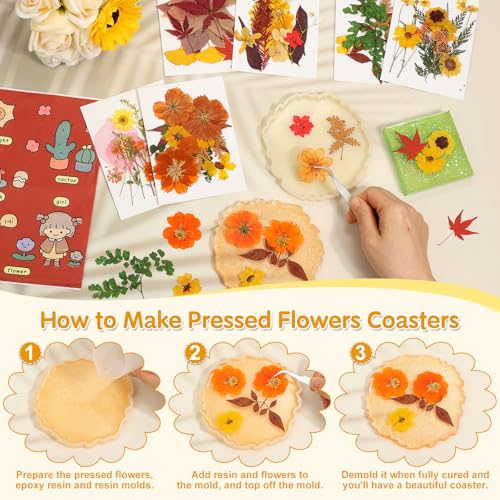 Image of Real Dried Pressed Flowers for Crafts, 100+ PCS Fall Dried Flowers Leaves Nature Flowers Florals Set with Tweezer for Resin Jewelry Making Thanksgiving DIY Candle Scrapbooking Gift (Orange, Yellow)