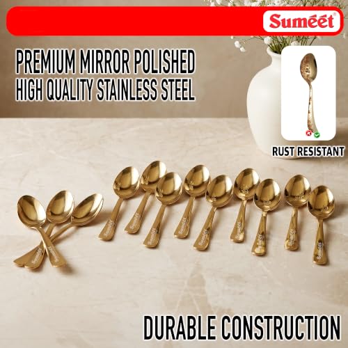 Image of Sumeet Stainless Steel Golden Baby /Meduim Premium Spoon Set of 12 Pc - (15.5cm L) (1.6mm Thick)