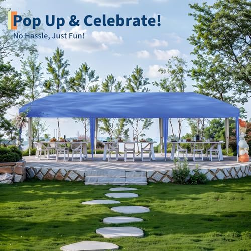10x30 Pop-Up Awning with 8 Sidewalls - Heavy Duty Outdoor Awning Tent with Portable Rolling Bag - 3 Adjustable Height, 8 Weight Bags, 8 Stakes and 6 Drawstrings, Blue