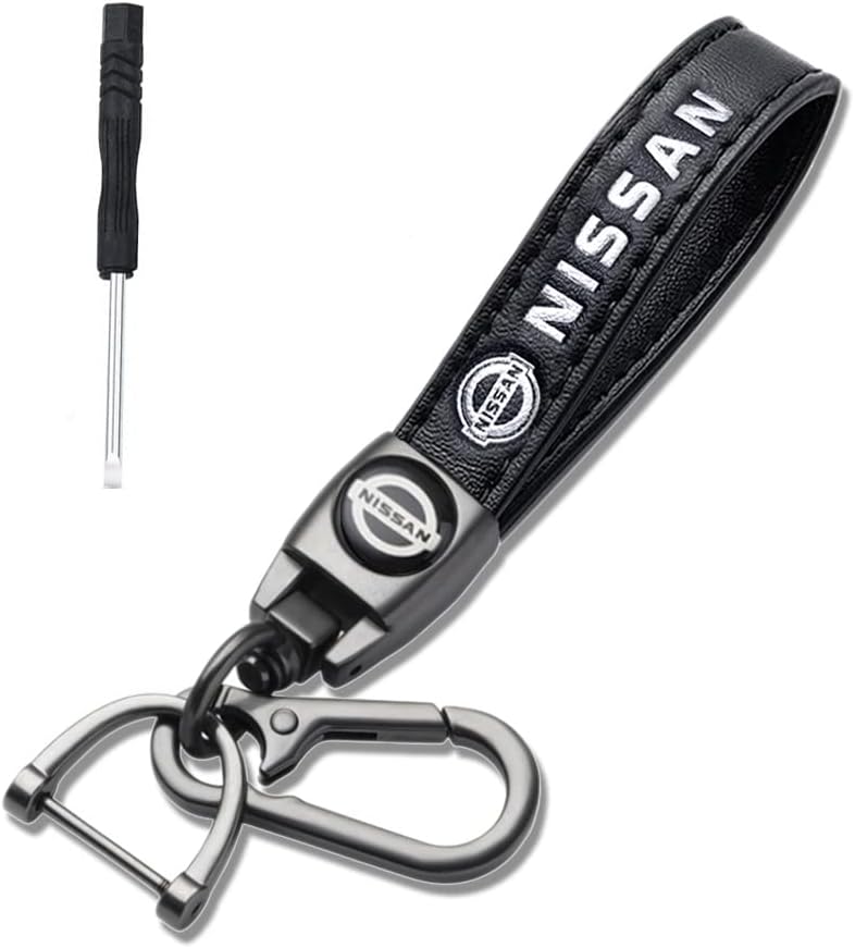 genuine leather keychain compatible with nissan altima rogue murano maxiam kicks juke sentra frontier, wear-resistant key chain for car truck motorcycle bicycle black-01
