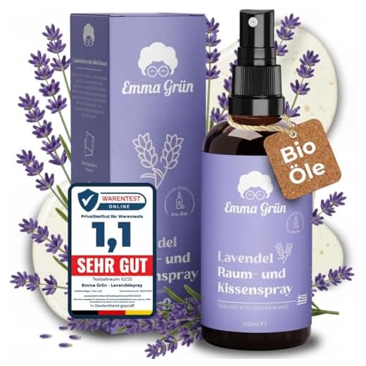 Emma Grün® Lavendelspray & Kissenspray 100ml [BIO-QUALITÄT] - Lavendelspray für Kopfkissen - Mit Naturreinem Lavandula Angustifolia - Lavendel Kissenspray zum Einschlafen - Lavendelöl Spray