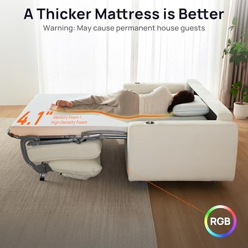 Pull Out Sofa Bed, No Cushion Removal, Queen Sleeper Sofa with USB Fast Charging, Memory Form Mattress, 2-in-1 Convertible Comfy Loveseat Couch Bed for RV, Apartment, and Small Spaces (White) - Thumbnail 4