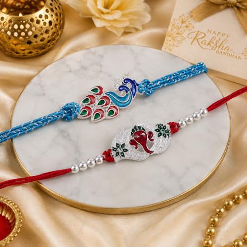 Image of CraftVatika Silver Plated Rakhi Set of 2 for Brother Boy Men, Designer Ganesha Radhe Krishna Rakhi for Brother, Premium Thread for Rakshabandhan Festival with Best Wishes Card and Tillak Set for Him
