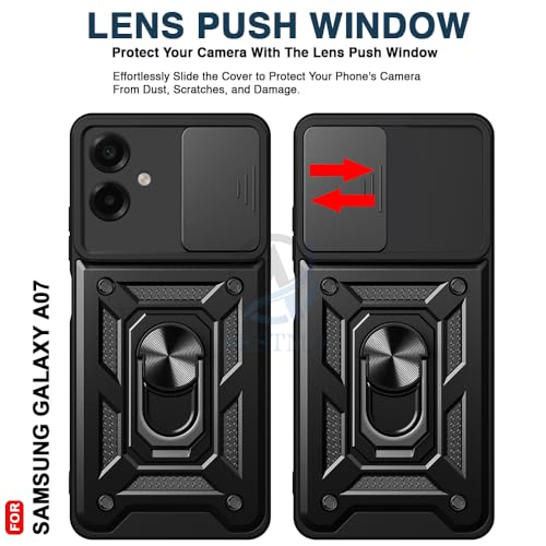 Image of AESTMO Tough Armor Samsung Galaxy A07 Bumper Back Case Cover | Ring Holder & Sliding Camera Shield Cover | 360 Degree Protection Back Case Cover for Samsung Galaxy A07 (Black)