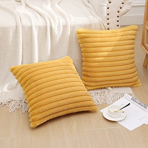 Pallene Faux Fur Plush Throw Pillow Covers 22x22 Set of 2, Luxury Soft Fluffy Striped Decorative Pillow Covers for Sofa, Couch, Living Room, Mustard Yellow