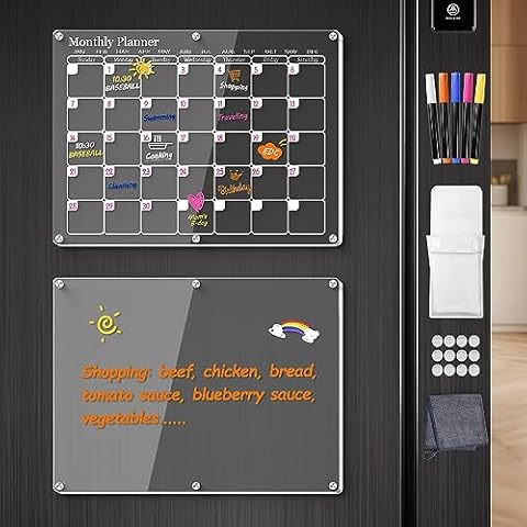 WONDAY Clear Acrylic Magnetic Calendar Set for Fridge, Family Monthly Planner and Organizer, Transparent Magnet Dry Erase Board for Refrigerator, Menu and Meal Planning Whiteboard Cover