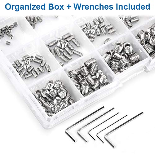 MMOBIEL 200pcs DIN916 Stainless Steel M3 M4 M5 M6 M8 Allen Head Socket Hex Grub Screw Kit Assortment incl Hex Key Wrenches
