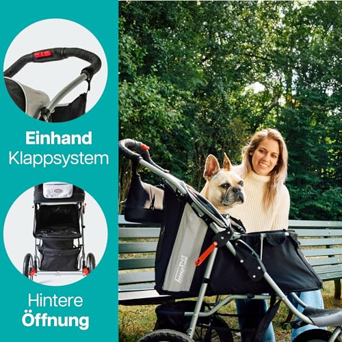Hundebuggy Innopet Comfort Air Eco Schwarz/Silber – Hundewagen Katzenwagen mit 30cm Luftreifen, einhändig faltbar, für Waldwege geeignet – reflektierende Streifen, Organizer Vorderrad fixierbar